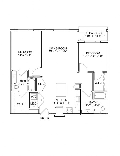Floor plan for 2 beds, 2 baths, 1139 sqft